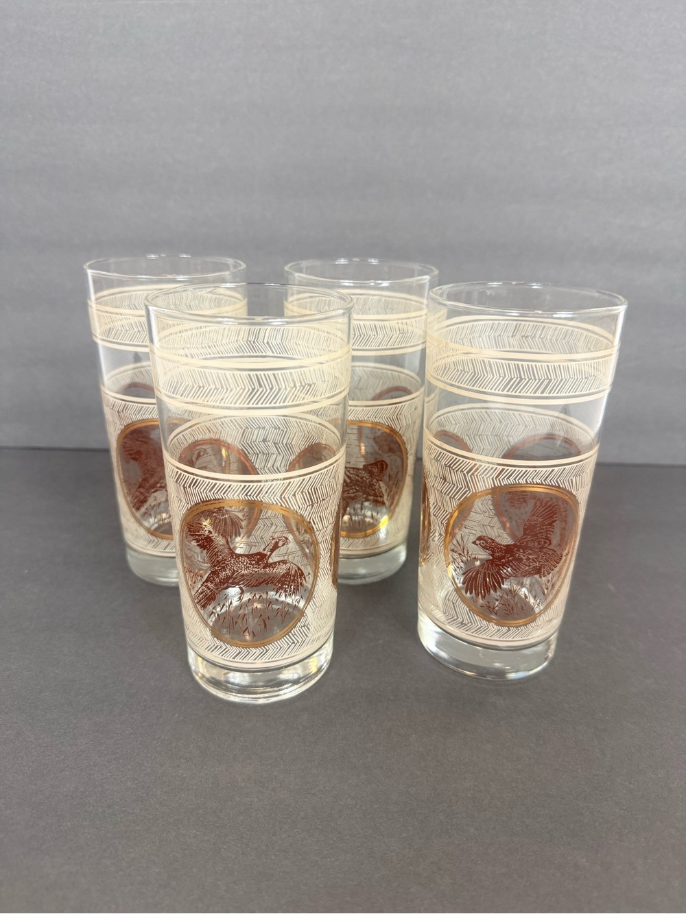 Libbey Brown and Gold Hunting Bird Highball Glasses  Pheasant Loy Of 4 VTG